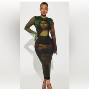 Green Artistic Print Mona Lisa Long Sleeve Dress